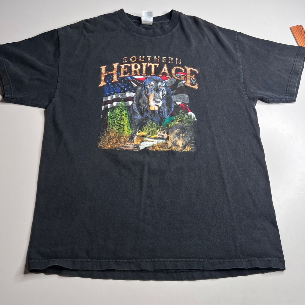 Southern Heritage Hunting Dog Raccoon American Flag Graphic T-Shirt Black XL AAA
